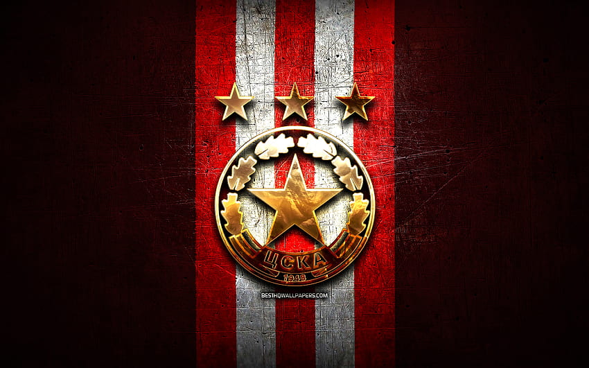 CSKA ソフィア FC、金色のロゴ、パルヴァ リーガ、赤い金属の背景、サッカー、ブルガリアのサッカー クラブ、CSKA ソフィアのロゴ、サッカー、PFC CSKA ソフィア 高画質の壁紙