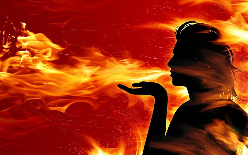 Czerwone Płomienie. Ciemność z kobietą stworzoną z ognia. Okładka na Facebooku, czarna grafika, grafika płomienia Tapeta HD