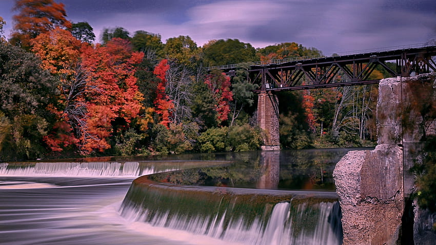 Autumn River, Ontario, Canada, bridge, clouds, trees, colors, sky, water, cascade HD wallpaper