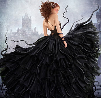 Black dress, girl, black, dress, fantasy HD wallpaper