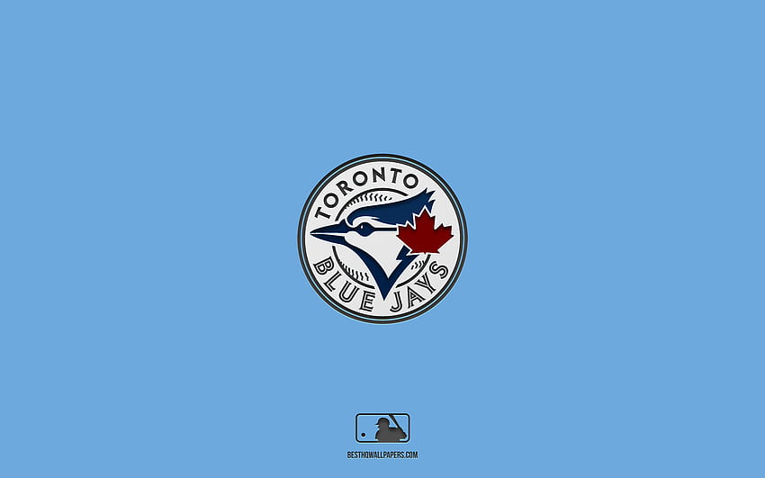 トロント ブルー ジェイズ、青色の背景、カナダの野球チーム、トロント ブルー ジェイズのエンブレム、MLB、カナダ、野球、トロント ブルー ジェイズのロゴ 高画質の壁紙