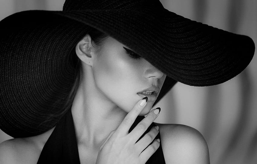 black & white, fashion, dress, hat, style,, Black and White Lips HD wallpaper