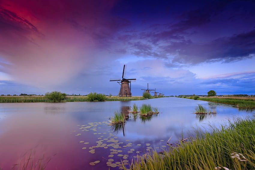 Nederland, chmura, holenderski, mils, niebo, Holandia, natuur, świat, natura, molen, watter, woda Tapeta HD