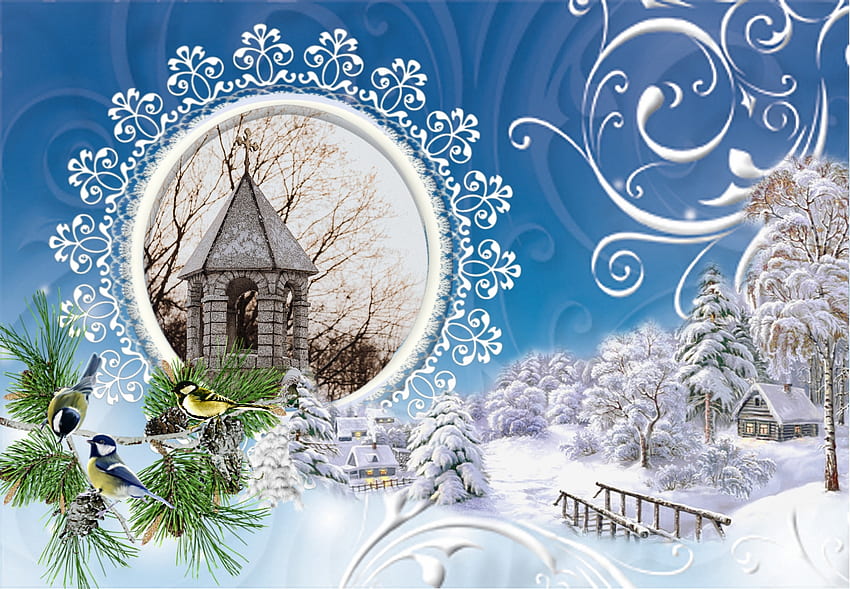 Birds, tower and sleepy village, winter, blue, white, abstract, pretty, snow, dreamy, card, bridge HD wallpaper