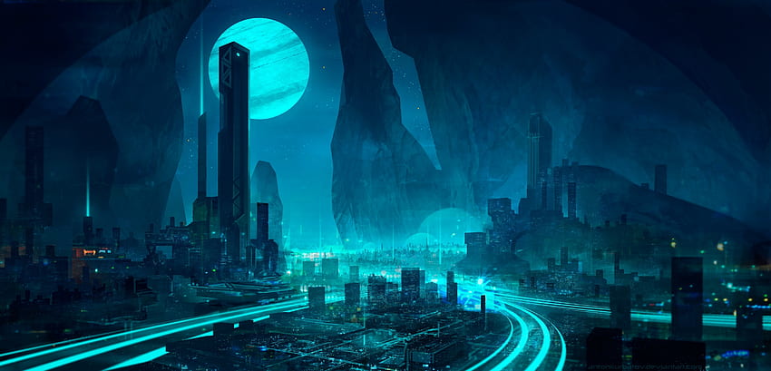 Futurystyczne miasto, ciemność, noc, grafika Tapeta HD