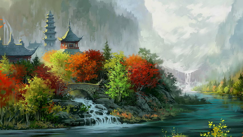 Есенна , река, светът, фантазия, рисунка, къща, есен, езеро HD тапет