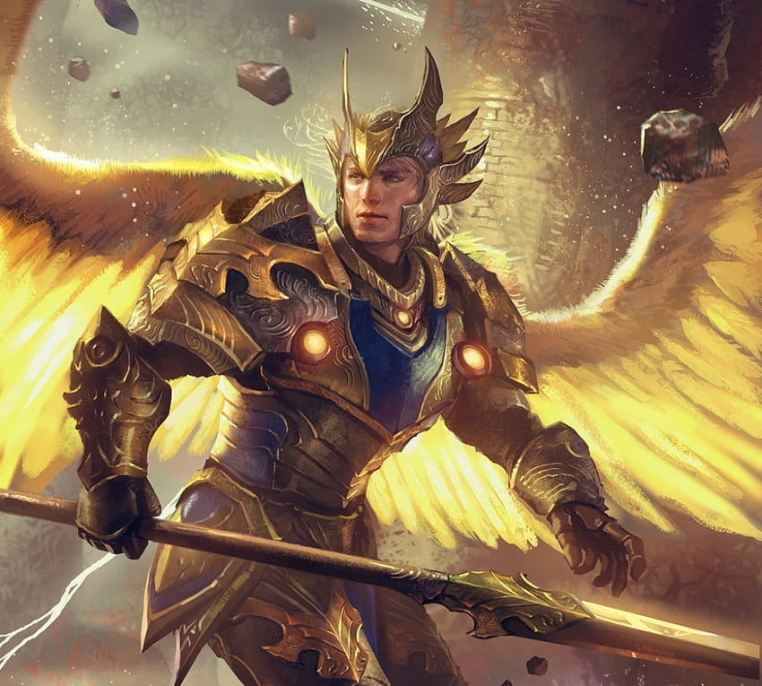 Angel, rayden chen, golden, wings, fantasy, lancer, man HD wallpaper