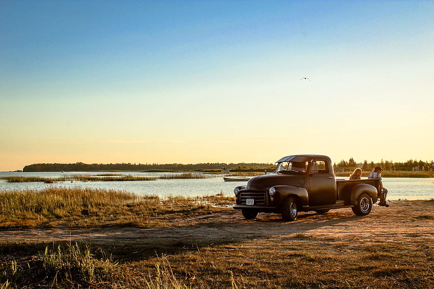 canada, classic car, couple, lake, old truck, Vintage Pickup HD wallpaper