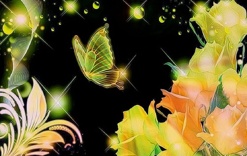 ❀スパークリング イエロー❀、きらめく、色、デジタル アート、春、ベクター アート、蝶、動物、明るい、蝶のデザイン、バラ、美しい、季節、創造的な既成品、四季を愛する、黄色、柔らかさの美しさ、花、美しい 高画質の壁紙