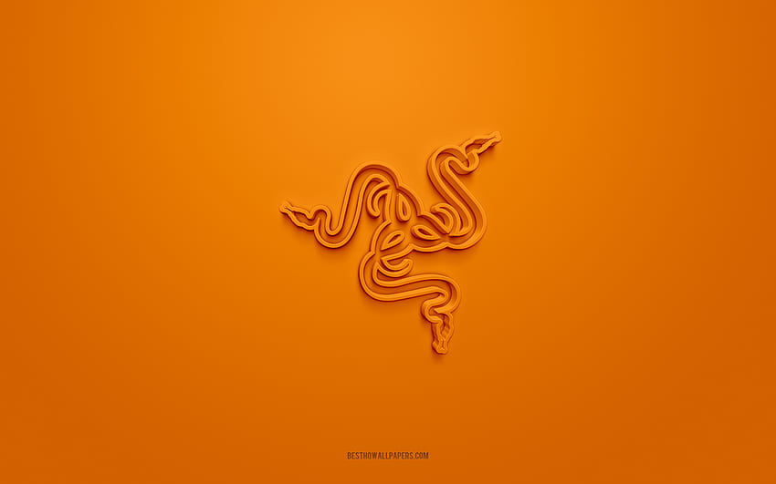 Razer 3d лого, оранжев фон, 3d изкуство, емблема на Razer, лого на Razer, творческо 3d изкуство, Razer, оранжево лого на Razer HD тапет