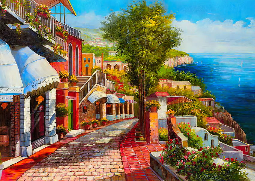 Somewhere in mediterranean, village, colorful, sea, art, que, beautiful, houses, summer, caffee, painting, street, view, romantic HD wallpaper