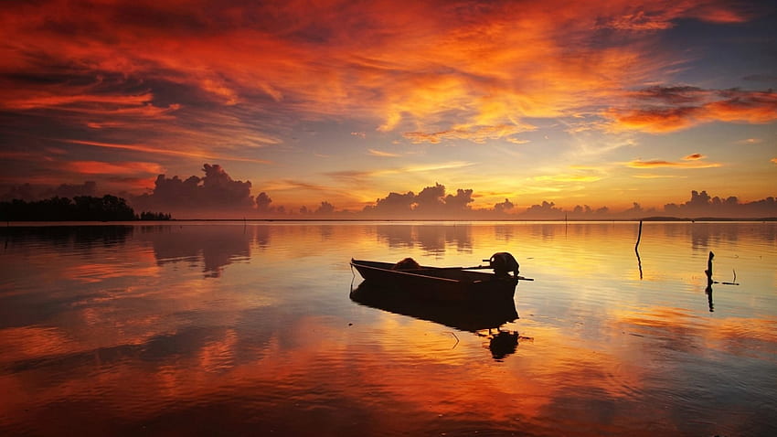 Sunset Boat, boat, glow, clouds, sky, lake HD wallpaper