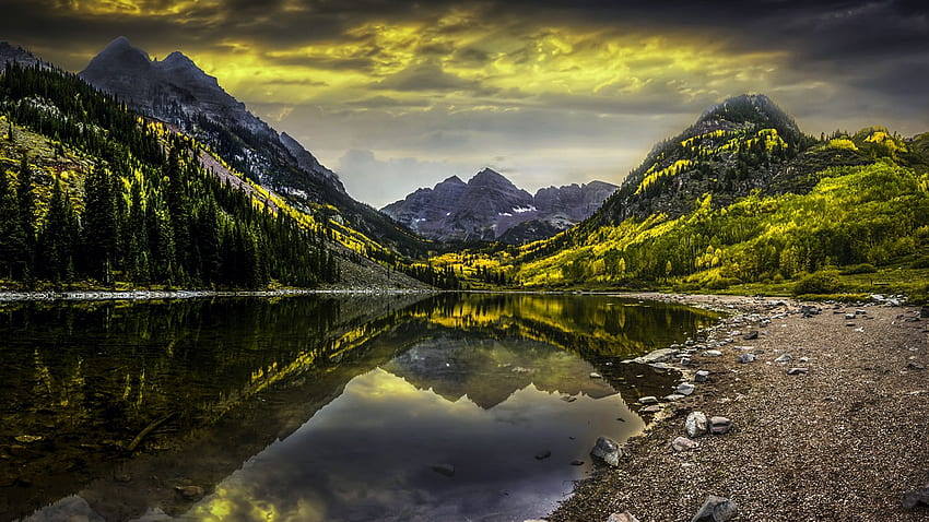 Maroon Bells, Colorado, clouds, sky, water, mountains, reflections, sunset, usa HD wallpaper