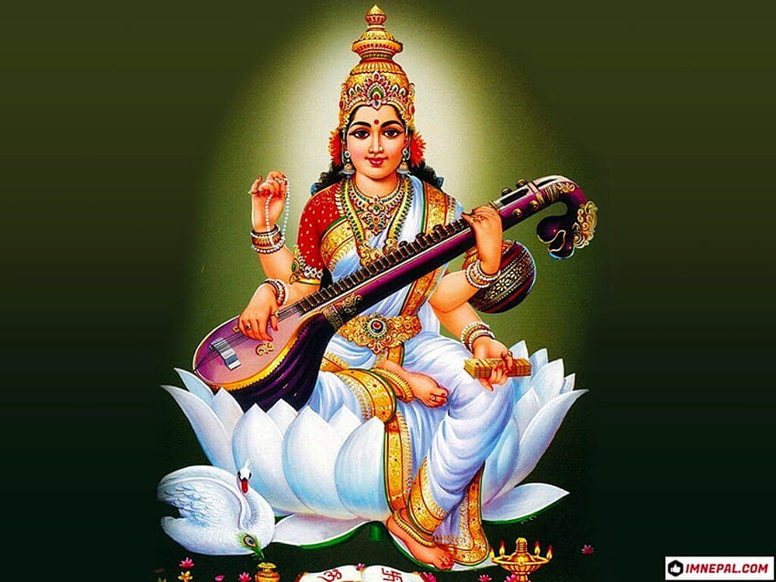 Download Saraswati Devi With Peacock Wallpaper | Wallpapers.com