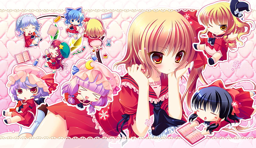 Touhou Chibis, pink, chibi, cute, funny, scarlet, mini, reimu, marissa HD wallpaper