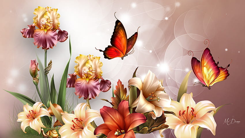 Lirios y más, colorido, bokeh, iris, mariposas, tema de Firefox, verano, luces, brillante, flores, lirios fondo de pantalla