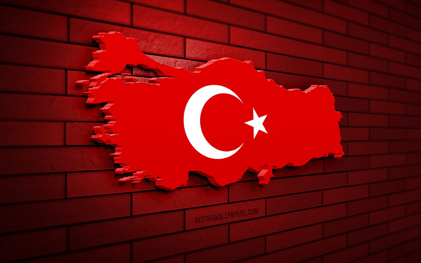 Carte de la Turquie, mur de brique rouge, pays européens, silhouette de la carte de la Turquie, drapeau de la Turquie, Europe, carte turque, drapeau turc, Turquie, drapeau de la Turquie, carte 3D turque Fond d'écran HD