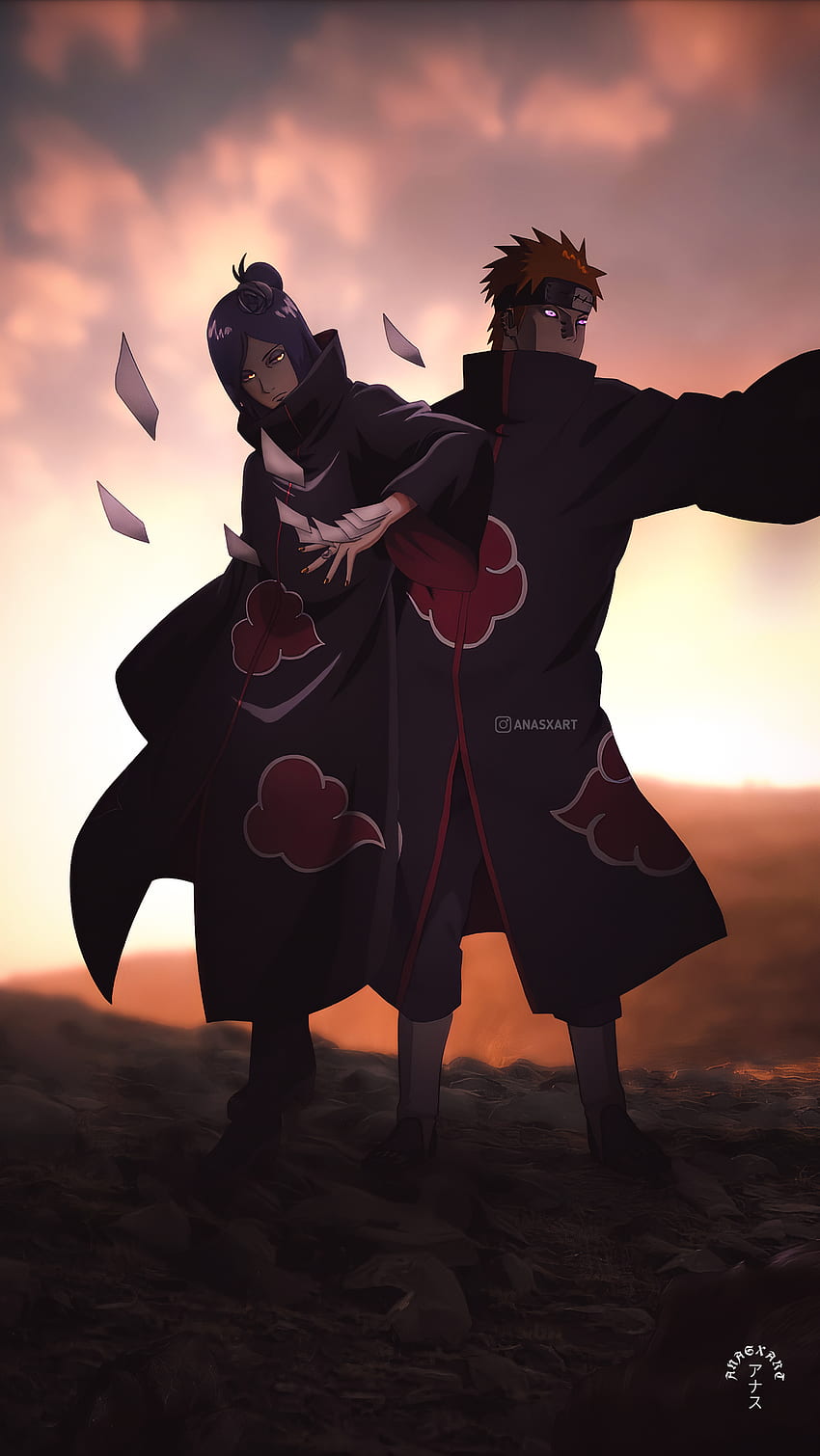 Yahiko und Konan, Rot, Wolke, Himmel, ANASXART, Schmerz, Akhatsuki, Naruto Shippuuden, Naruto HD-Handy-Hintergrundbild