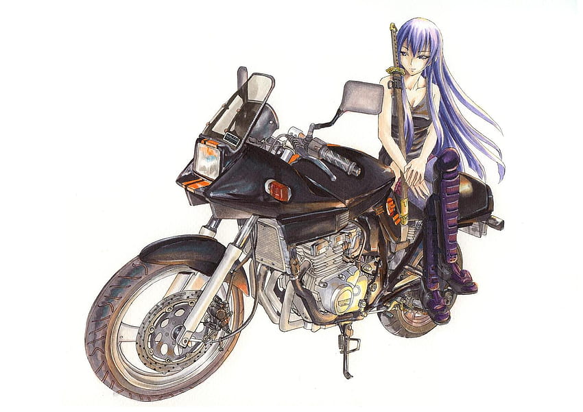 사에코, bluosse, 파란 눈, 자주색 머리, 무기, 하늘, motociclete, 긴 머리 HD 월페이퍼