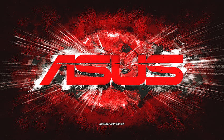 Asus logosu, grunge sanat, kırmızı taş arka plan, Asus kırmızı logosu, Asus, yaratıcı sanat, Asus grunge logosu HD duvar kağıdı