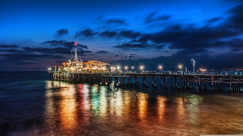 the pier at santa monica at night, pier, night, lights, beach HD wallpaper