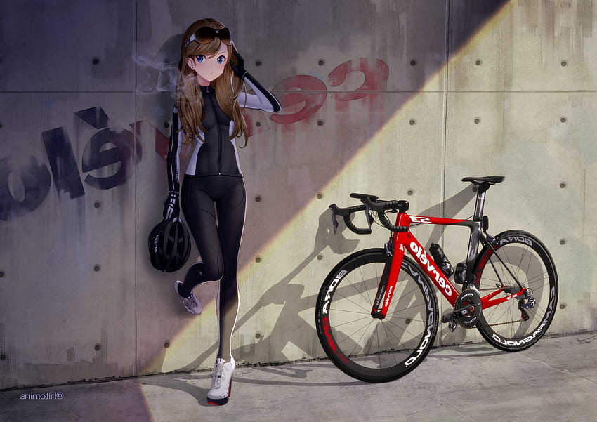 Brown Hair, Anime Girl, Bicycle, Blue Eyes, Wall - Resolution:, Blue Bicycle HD wallpaper