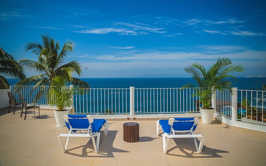 Terrace by Ocean, palms, chaises, terrace, ocean HD wallpaper