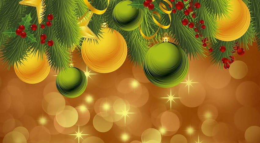 Dekoracja świąteczna, kolorowa, musująca, gwiazdy, ładne, wakacje, odbicie, nowy rok, złota, wstążka, kulki, piękna, drzewo, dekoracja, ładna, Boże Narodzenie, zielona, ​​żółta, czerwona, gałęzie, śliczna, bąbelki Tapeta HD