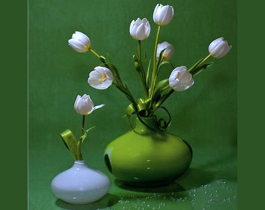 Green and white, green vase, white, flowers, white vase HD wallpaper