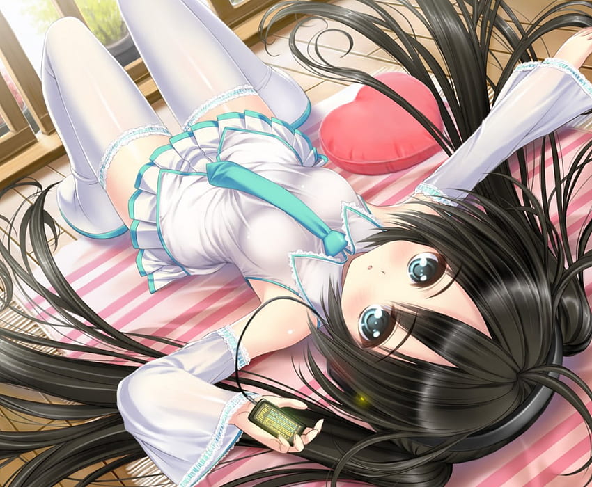 Lying Down, skirts, bed, anime, thigh highs HD wallpaper