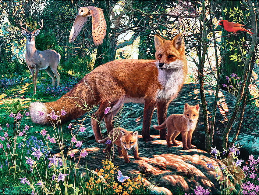 Fox and Her Kits F1C, animal, art, beautiful, owl, kits, artwork, wide screen, wildlife, painting, deer, songbird, flowers, canine, foxes, cardinal HD wallpaper
