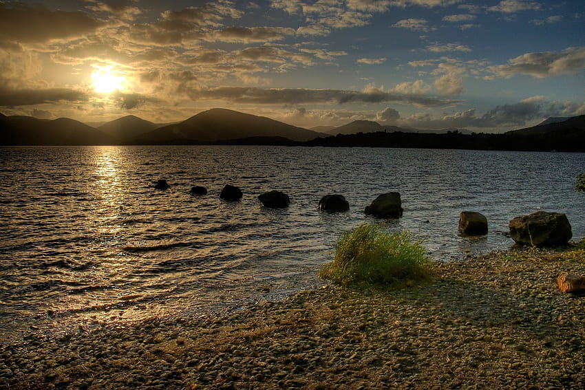 Nature, Sunset, Stones, Lake, Evening, Scotland HD wallpaper