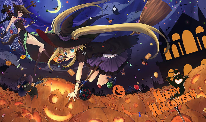 Happy Halloween, anime, pumpkin, cute, trick or treat, candy, witch HD wallpaper