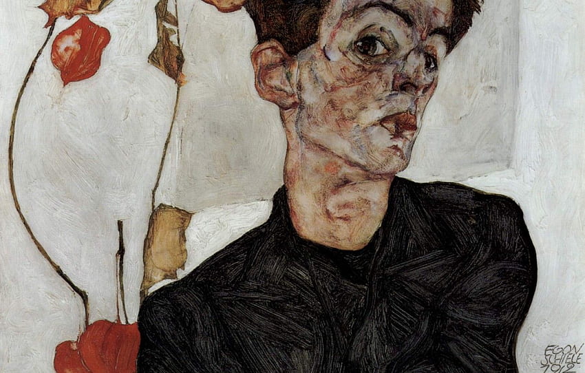Potret diri, Egon Schiele, dengan lentera bunga untuk , bagian живопись Wallpaper HD