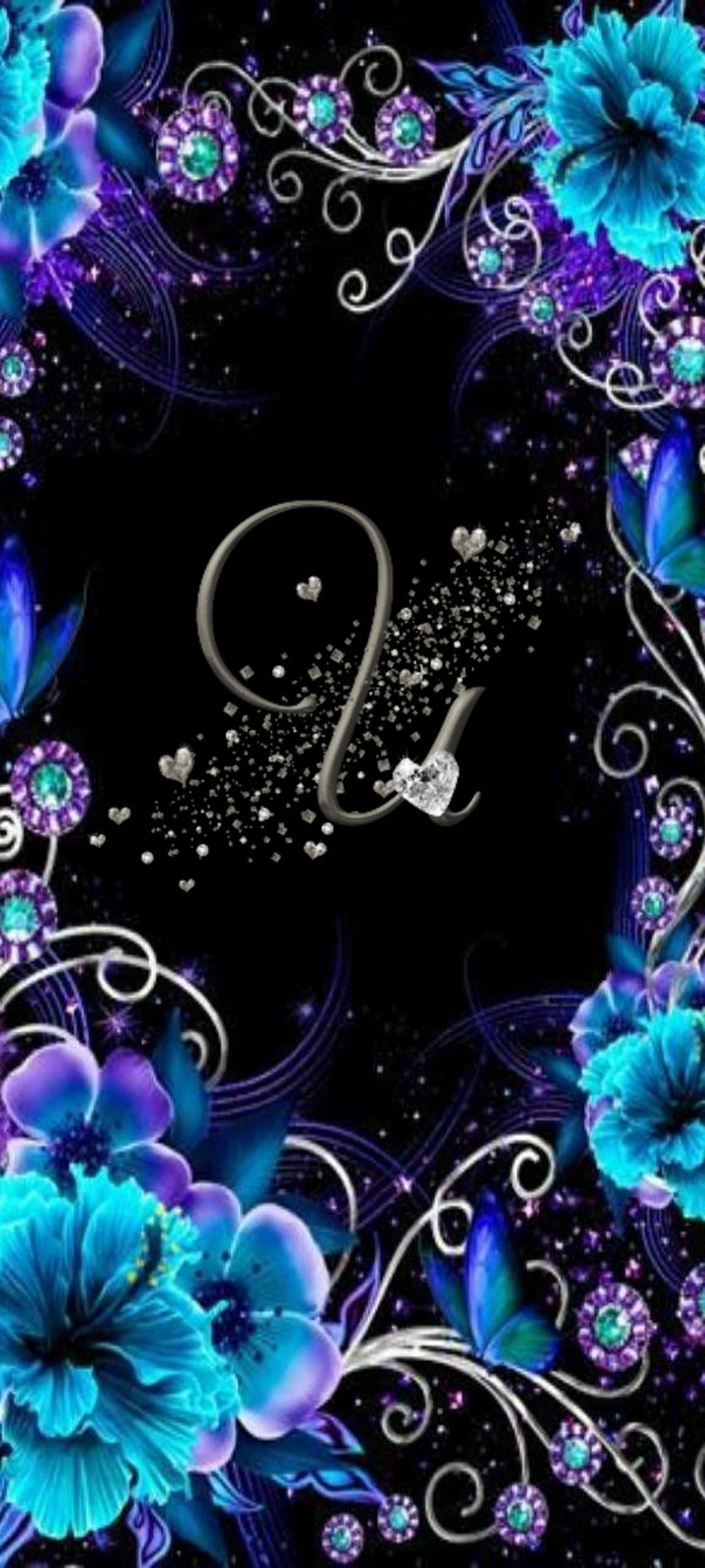 Letter U, flowers, sliver, blue, black, hearts, purple, cute HD phone  wallpaper | Pxfuel