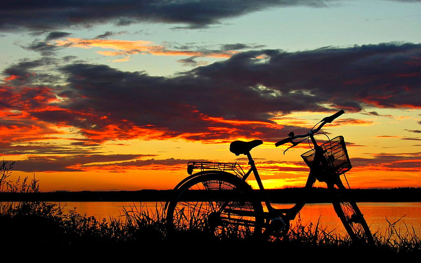 Beautiful Sunset, sunlight, peaceful, red sunset, beauty, reflection, bike, amazing, water, silhouette, sunset, beautiful, grass, lake, bicycle, pretty, red, view, clouds, nature, sky, lovely, splendor, evening HD wallpaper