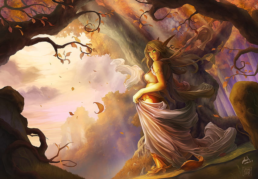 เอลฟ์ หญิงสาว ความงาม แฟนตาซี นามธรรม เมฆ ท้องฟ้า ดวงอาทิตย์ ป่า วอลล์เปเปอร์ HD