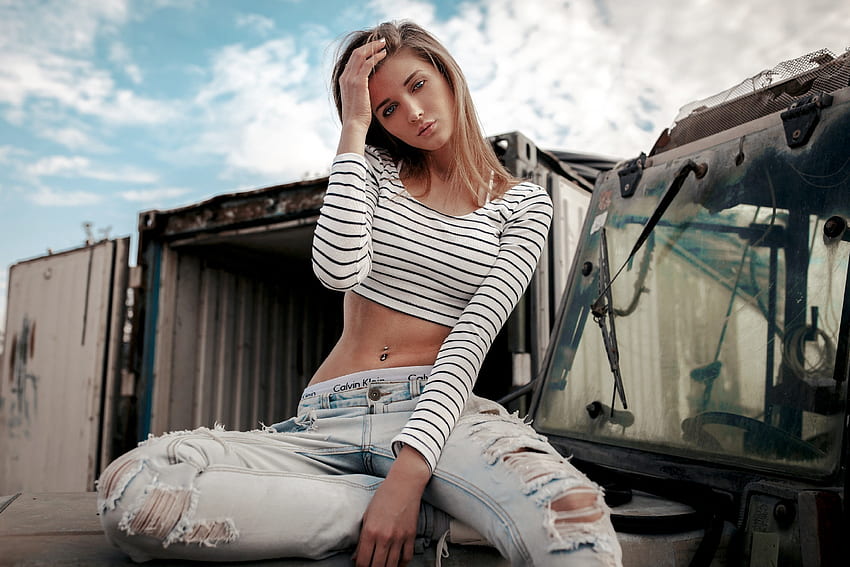 Blonde sitting on a Truck Hood, model, blonde, truck, jeans HD wallpaper