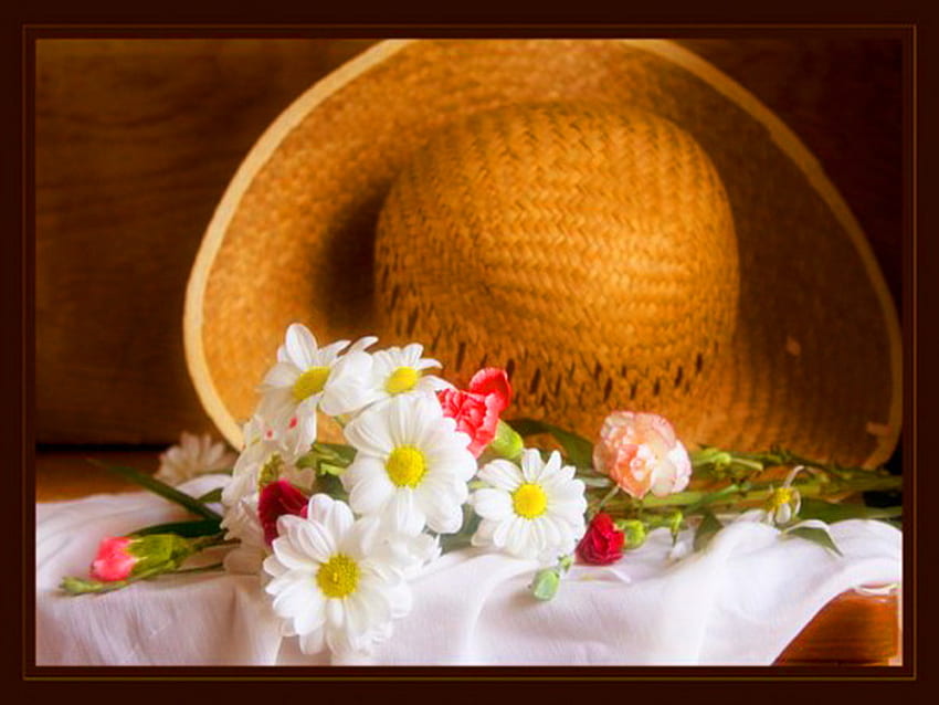 Time for the garden, table, roses, straw hat, spring, daisies HD wallpaper