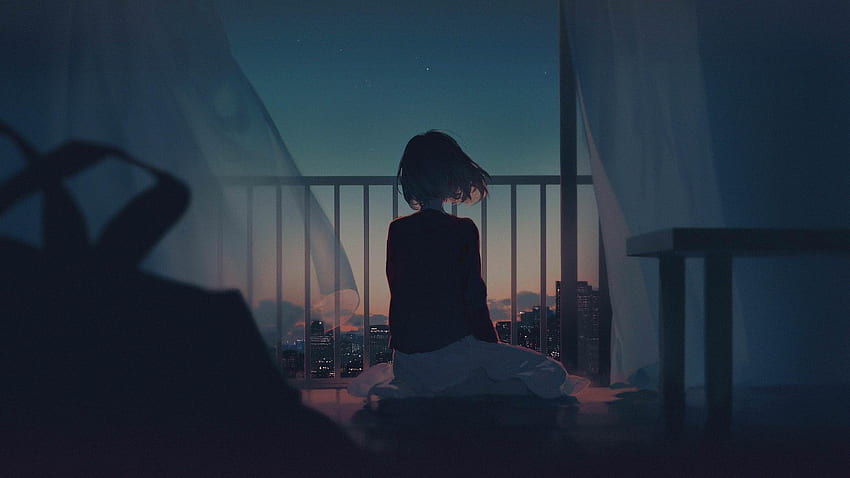 Garota sozinha de anime, garota sentada sozinha papel de parede HD