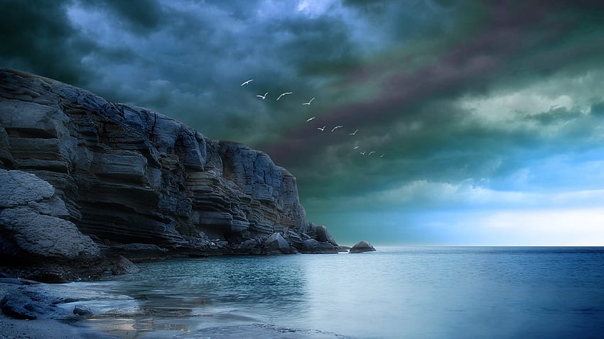 Oceans – Rocky Amazing Rock Blue Birds Sky Sea Clouds Dark Ocean Storm Storms Cliff Beautiful HD wallpaper
