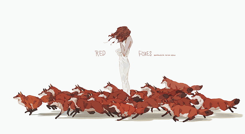 Red foxes, running, xi zhang, fantasy, art, xizhang, girl, redhead, fox, vulpe HD wallpaper
