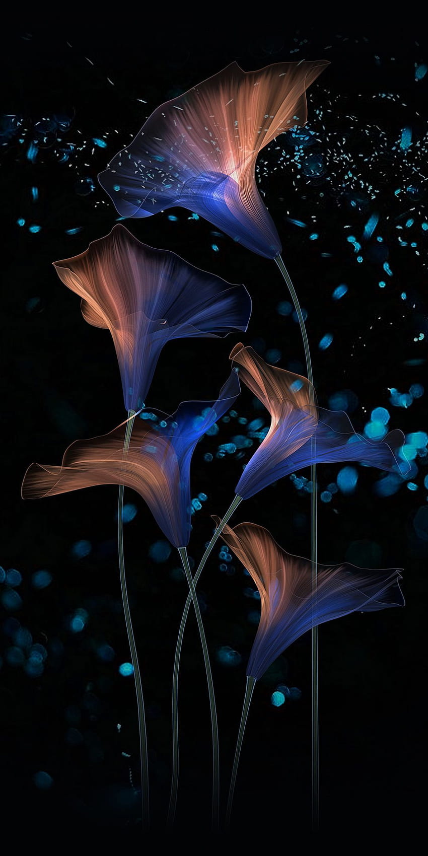 Kwiaty, abstrakcja, blask, sztuka cyfrowa, . Piękne tło, niebieski kwiat, kolorowe, piękne ciemne streszczenie Tapeta na telefon HD