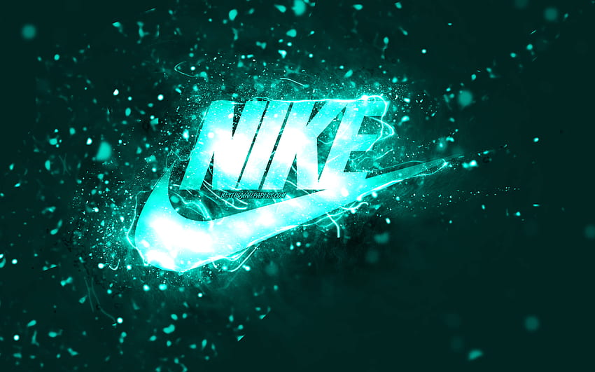 Nike 청록색 로고, , 청록색 네온 조명, 크리에이티브, 청록색 추상 배경, Nike 로고, 패션 브랜드, Nike HD 월페이퍼