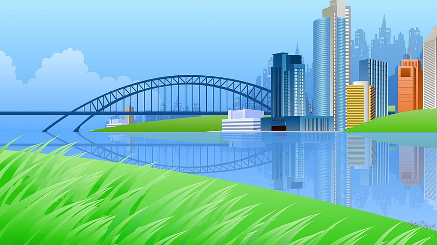 Stadt am Fluss, Fluss, Stadt, Stadt, Landschaft, Gras, Park, Gebäude, Wolkenkratzer, Brücke, Vektor, Himmel, Wasser HD-Hintergrundbild