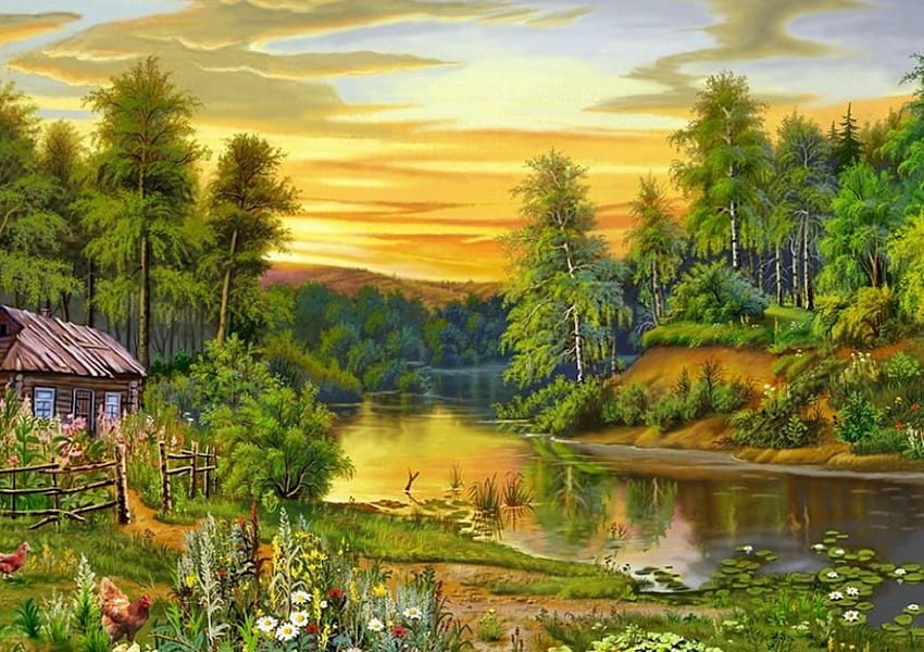 Oleh Victor Tsyganov, sungai, lukisan, seni, victor tsyganov, alam, matahari terbit, pohon Wallpaper HD