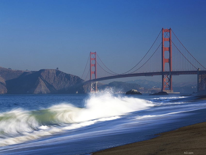 Golden Gate, bridge, waves, ocean, beach HD wallpaper