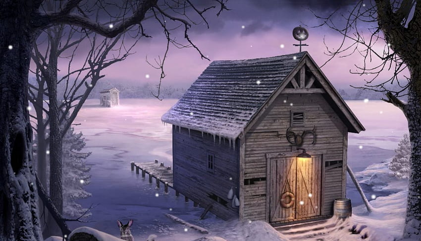 Boat House, inverno, seguro para crianças, país papel de parede HD