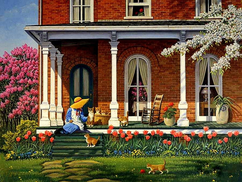Frühlings-Kätzchen, Haus, Katzen, Bäume, Blumen, blühende Bäume, Frau, Kätzchen HD-Hintergrundbild
