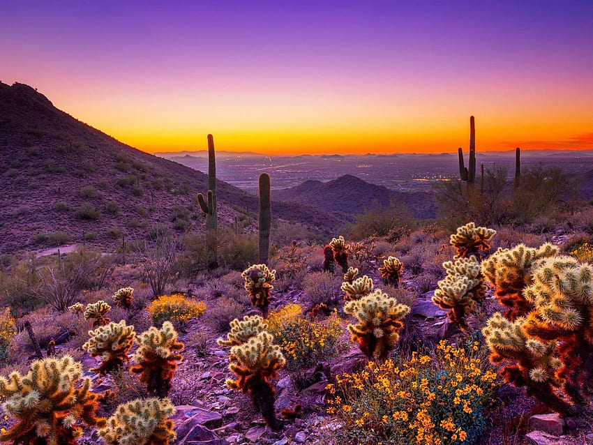Arizona-Sonnenuntergang-Wüstengebiet orange Himmel-Wolken für Handys und Computer HD-Hintergrundbild